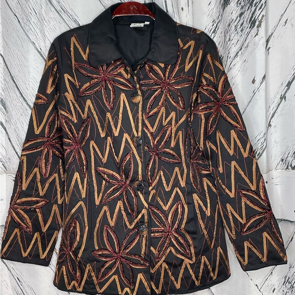 Parsley & Sage Black Ribbon Trim Button Front Jacket Small